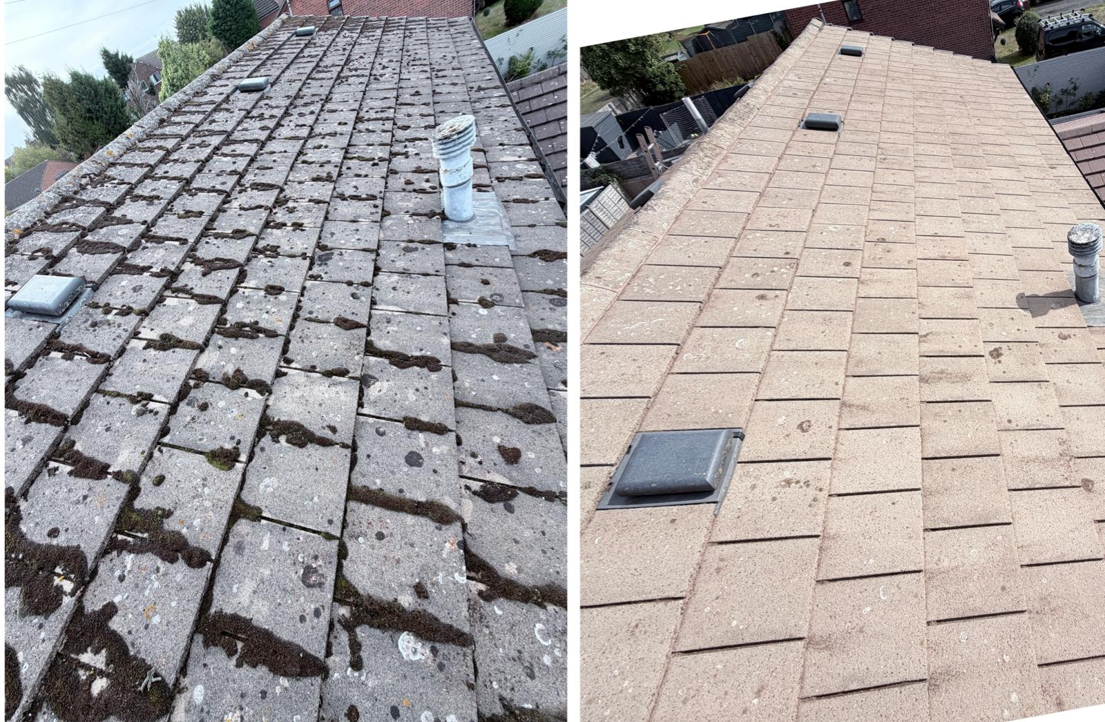 Combined before and after photograph of a large interlocking tile roof: the left frame shows dark moss and lichen around a soil pipe and skylight, the right frame shows the same roof cleaned to an even buff colour.