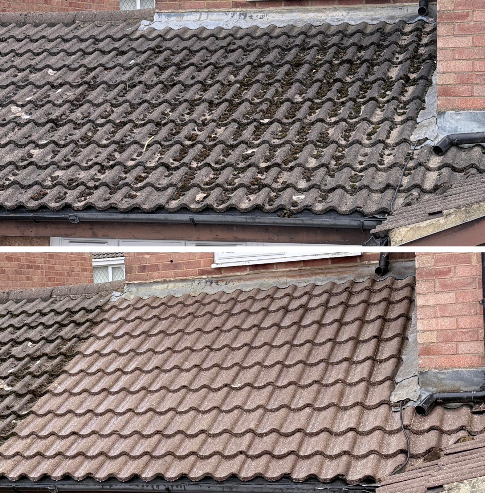 Combined before and after photograph of double-Roman profiled roof tiles: the upper frame shows heavy moss and lichen growth across the entire slope, the lower frame shows the same tiles cleaned to an even brown finish with the lead flashing visible.