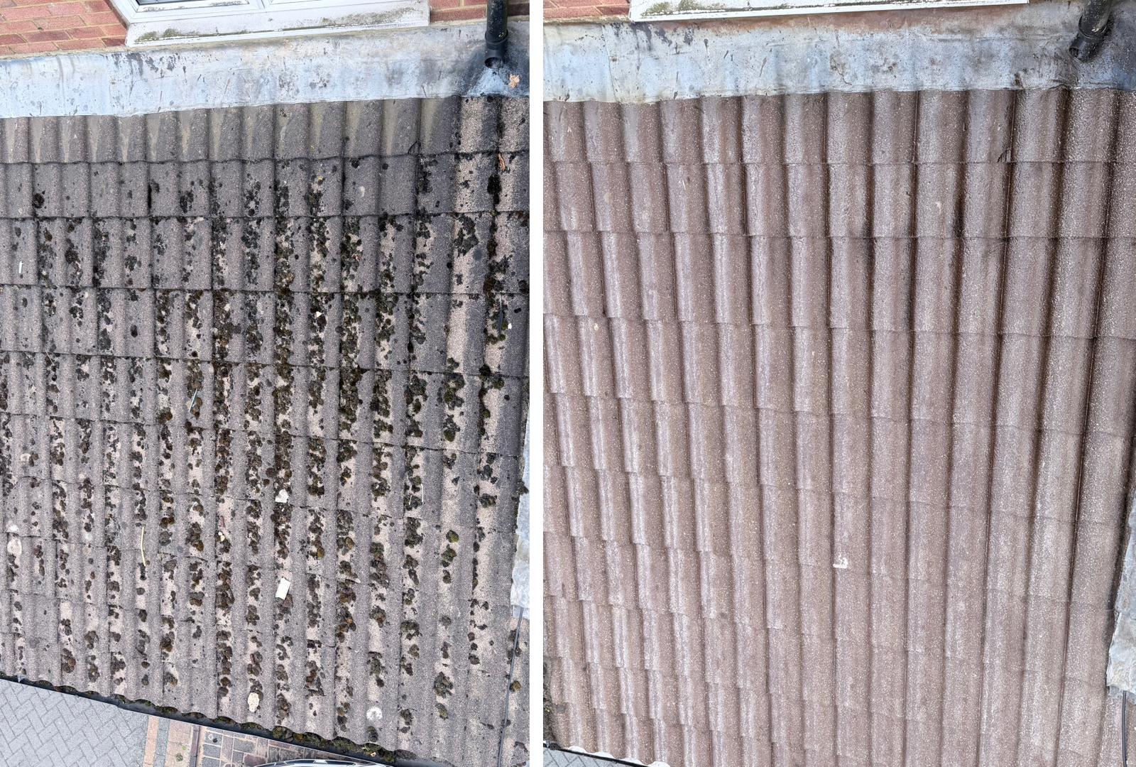 Combined before and after photograph taken from directly above a roof: the left frame shows concrete tiles spotted with dark moss and lichen, the right frame shows the same roof cleaned to a uniform warm brown.