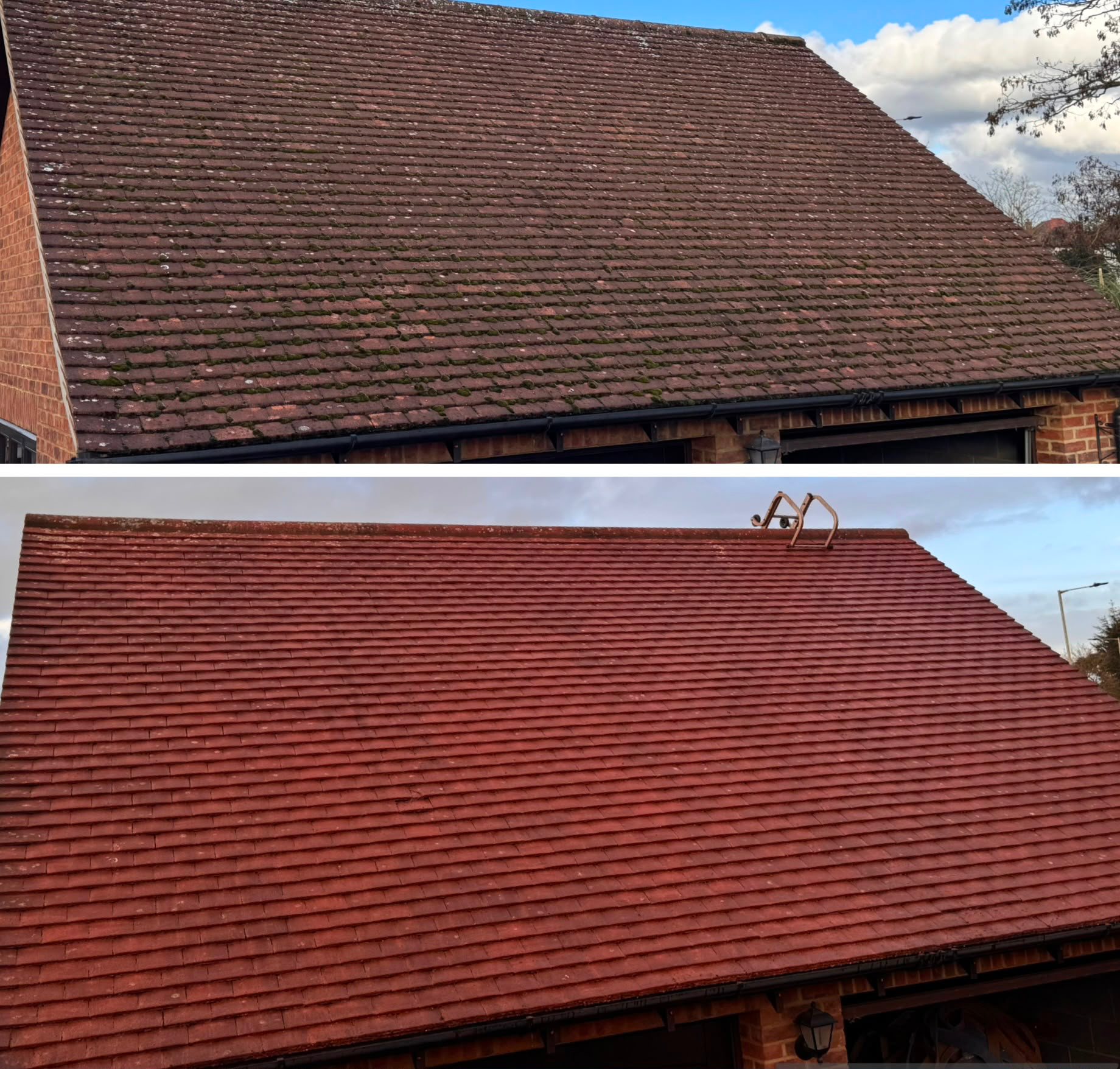 Combined before and after photograph of a large red pantile pitch: the upper frame shows widespread moss and lichen across the lower courses, the lower frame shows the same slope cleaned with an even red finish and a roof ladder hook at the ridge.